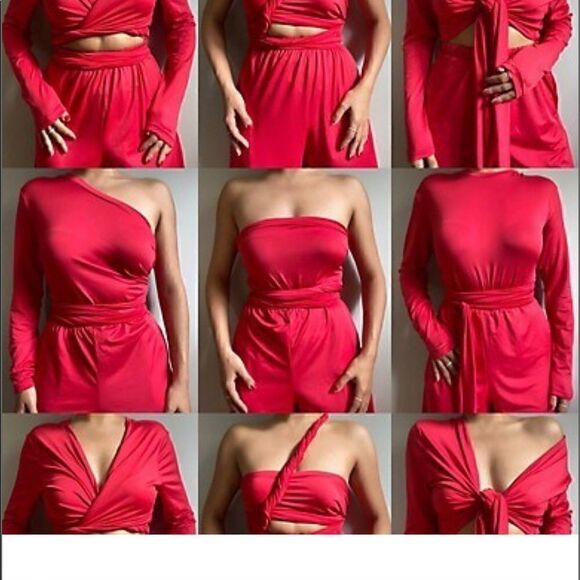 ZAFIRA SASHA SELF TIE CONVERTIBLE LONG SLEEVE WIDE LEG JUMPSUIT HIBISCUS RED S - Picture 3 of 13